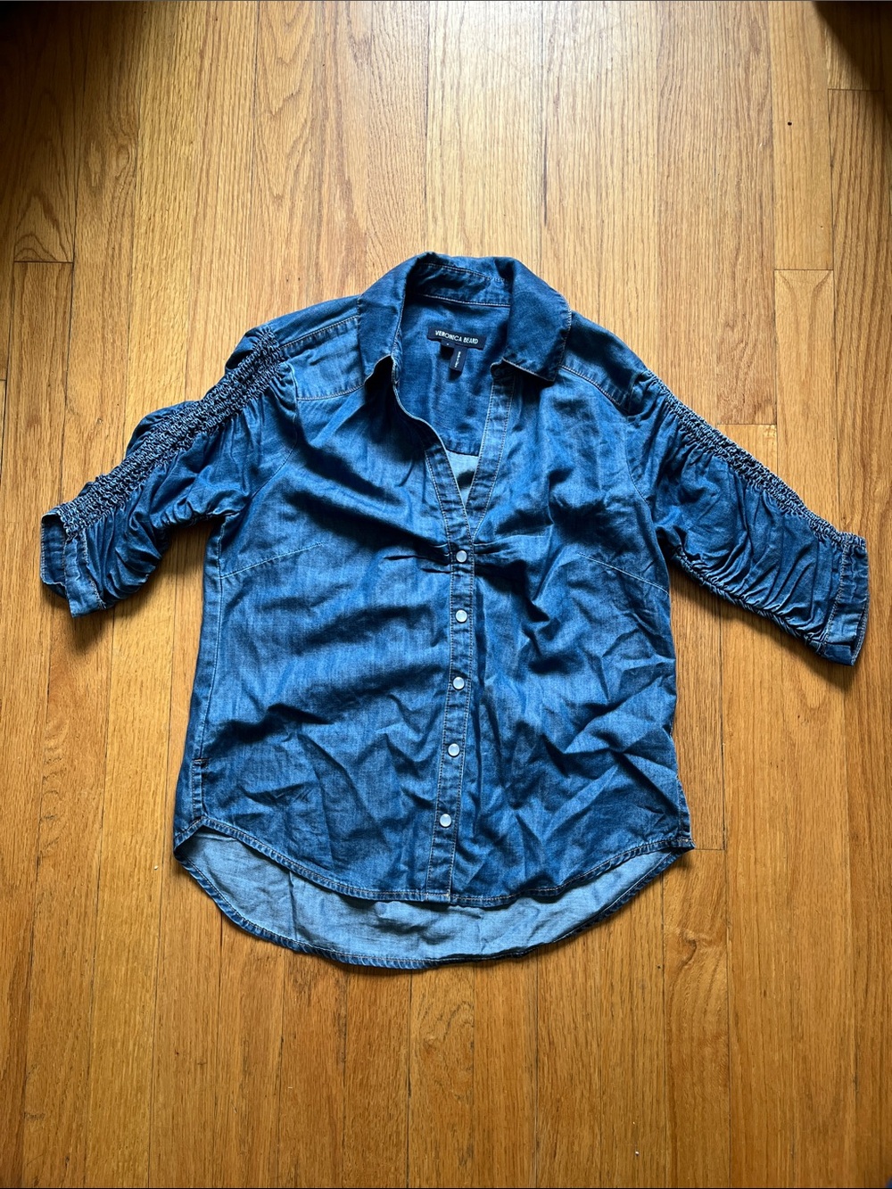 VERONICA BEARD Porta Chambray Ruched Denim Button-Up Shirt Smocked 3/4 Sleeves - Picture 2 of 8